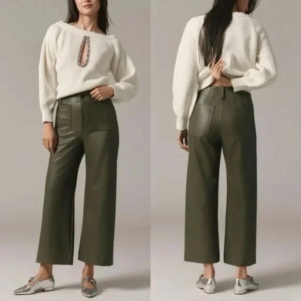 Maeve Colette Green Faux Leather Wide Leg Ankle Pants Size 31 NWOT - Picture 14 of 16